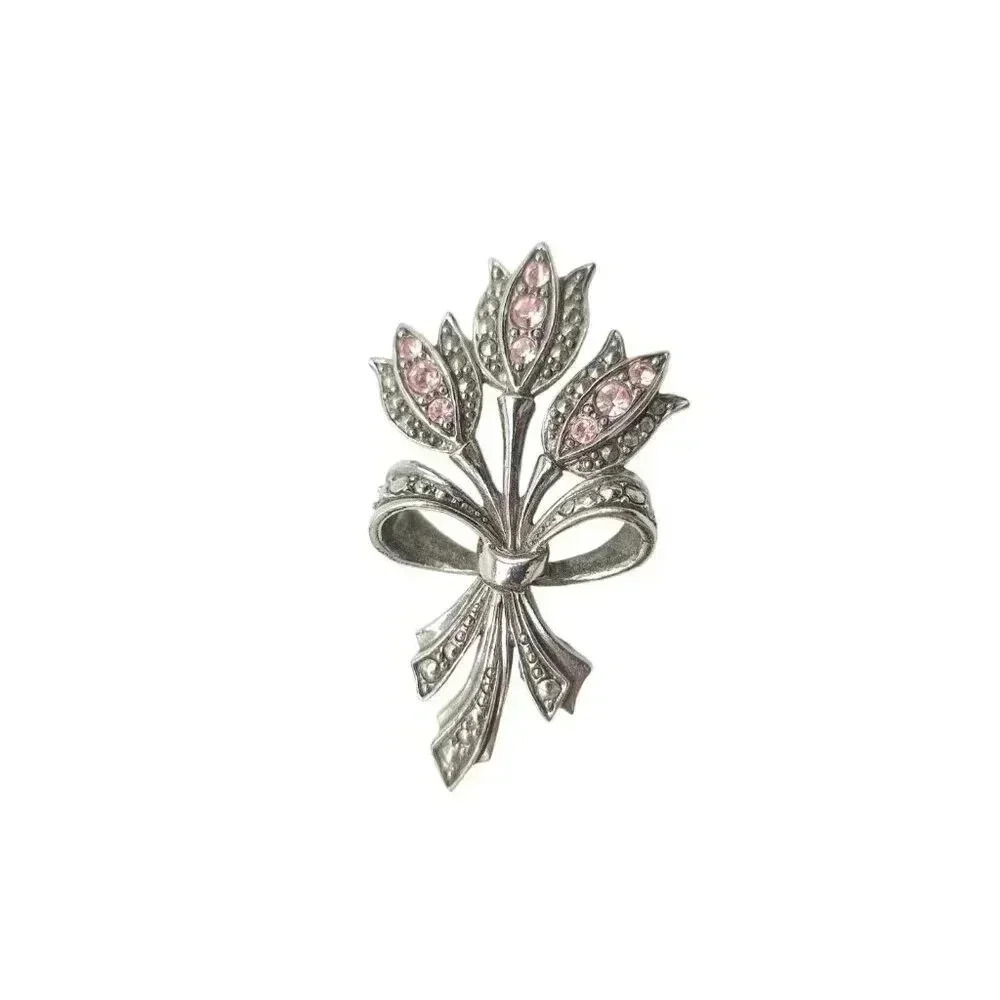 Avon Tulip Pink Rhinestone Pewter Brooch Pin Silver Tone Vintage